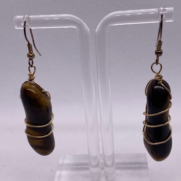 Tiger’s Eye Wire Wrapped Earrings Natural Stone Dangle Boho Gemstone - Picture 8 of 8